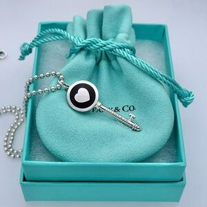 RARE! Black Enamel Tiffany & Co. Silver Heart Key Charm Beaded Ball Necklace 16”